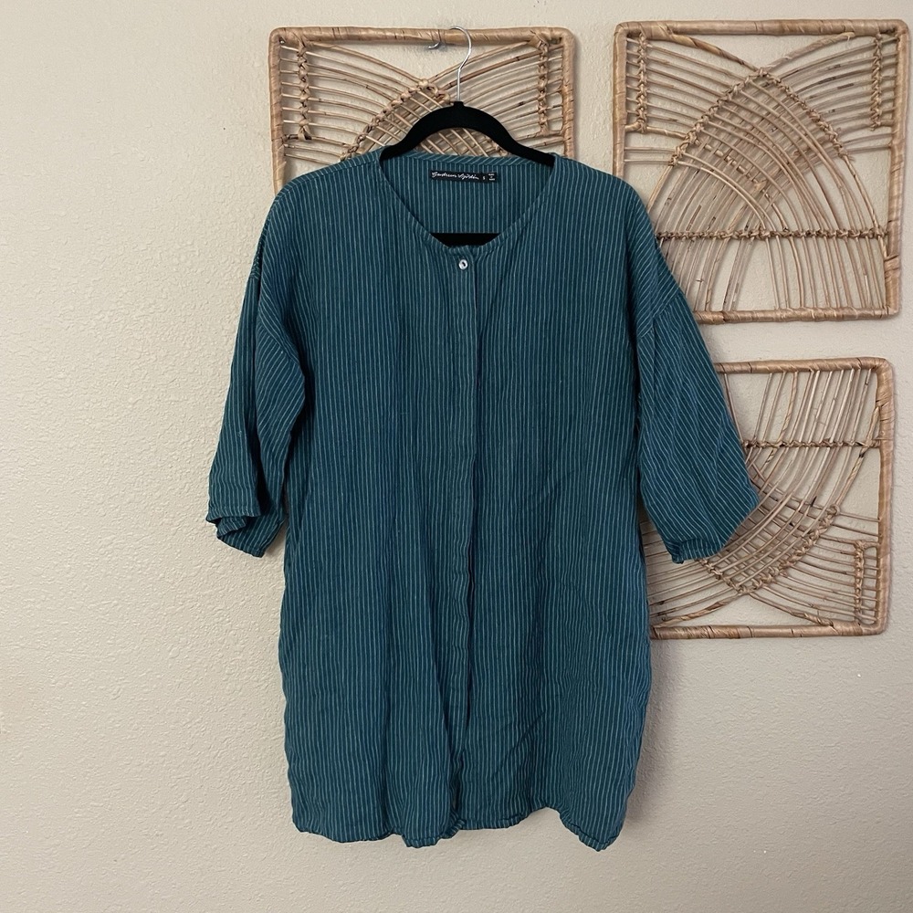 Gudrun Sjoden Linen Striped Top Tunic Green Lagenlook Artsy Boho Pockets Sz S B6